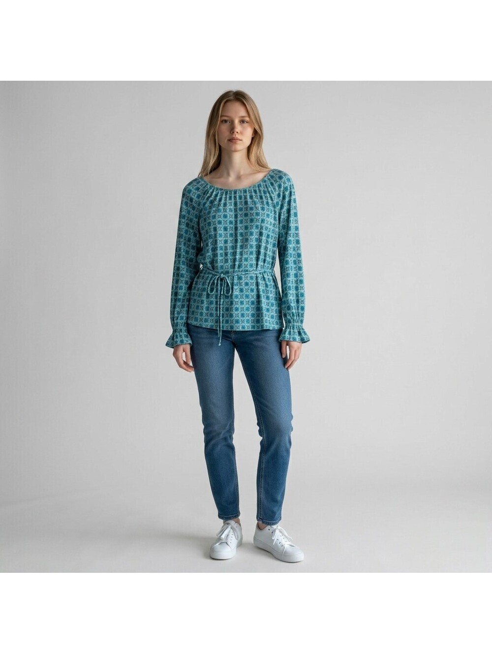 Impressions Blouse Women PL Petite Blue Geometric Long Sleeve Belted Casual